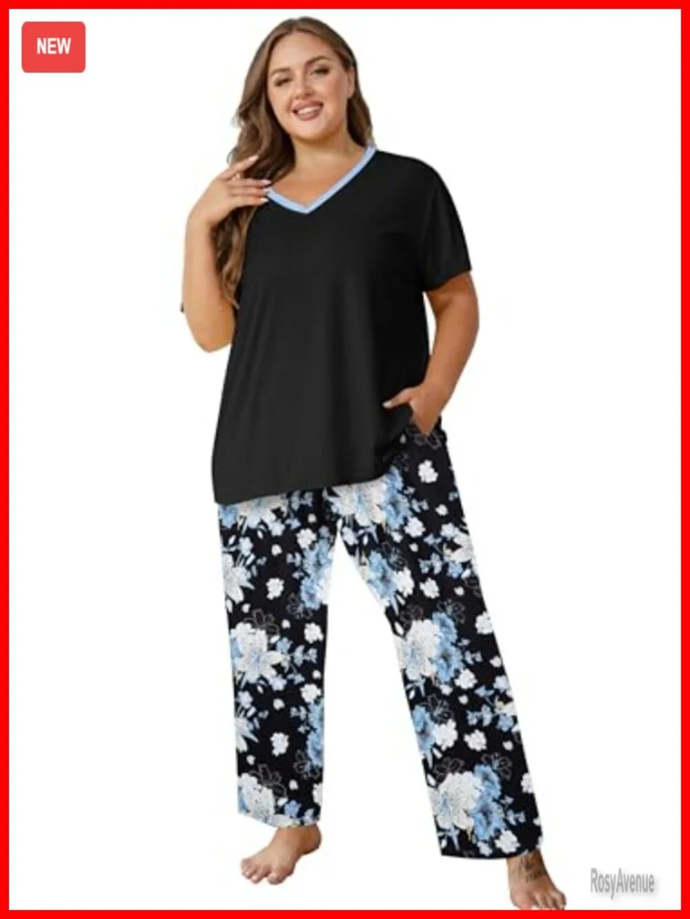 Plus Size Pajama Set Short Sleeve Long Pant V-Neck Two Pockets